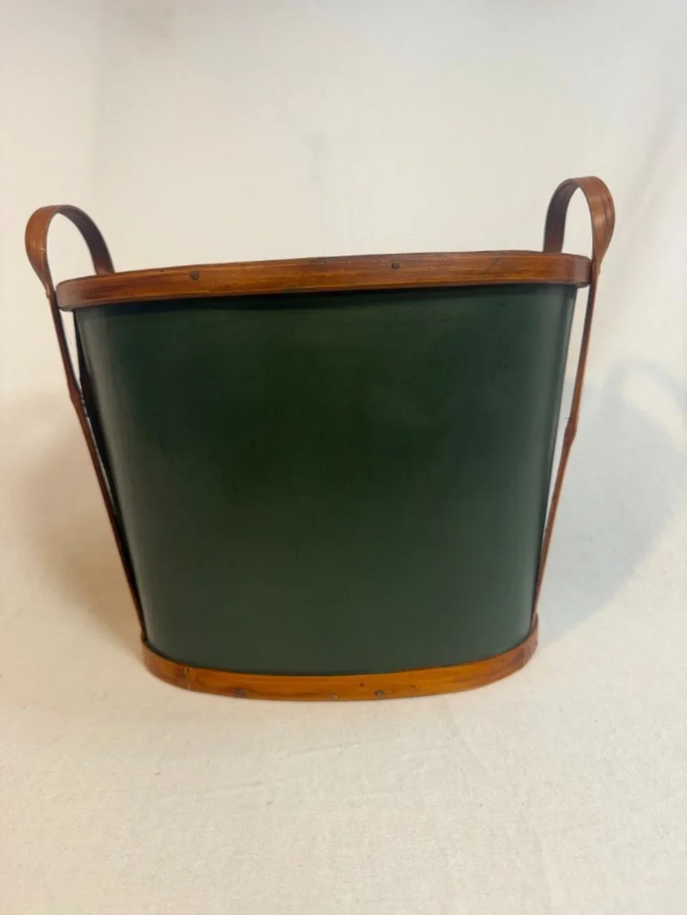 Primitive Bentwood Magazine Basket Rattan Handle Green Accent Early Country Tote